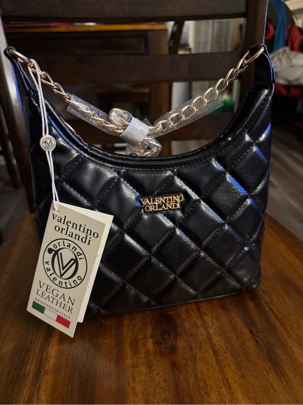 Valentino Orlandi Black Quilted Shoulder Bag with Gold Chain